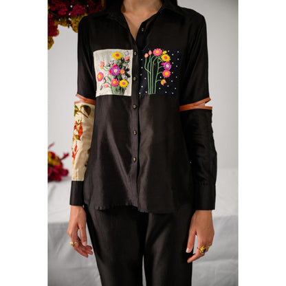 The Dramebaaz Company Black Bouquet Embellished Shirt