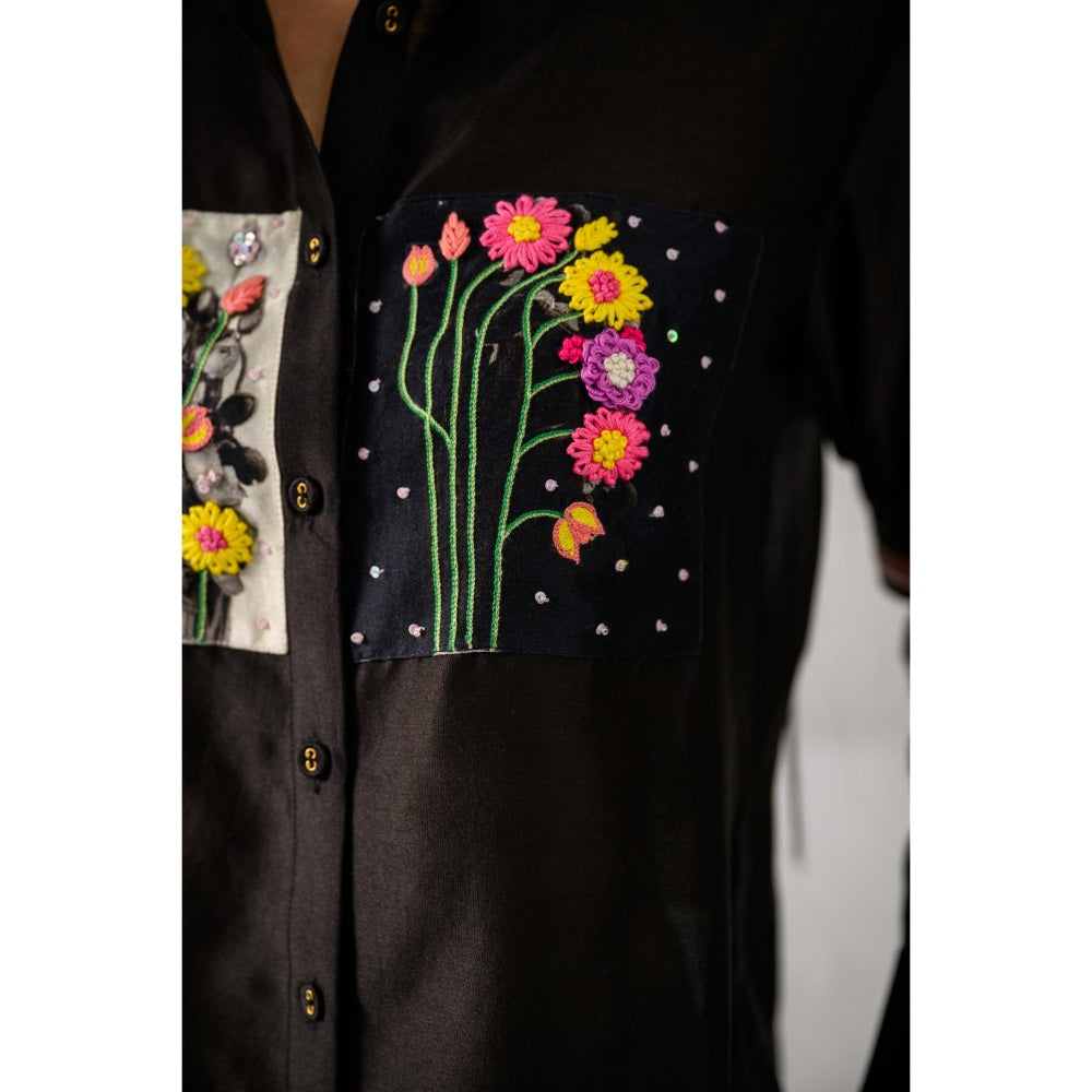 The Dramebaaz Company Black Bouquet Embellished Shirt