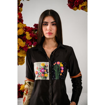 The Dramebaaz Company Black Bouquet Embellished Shirt