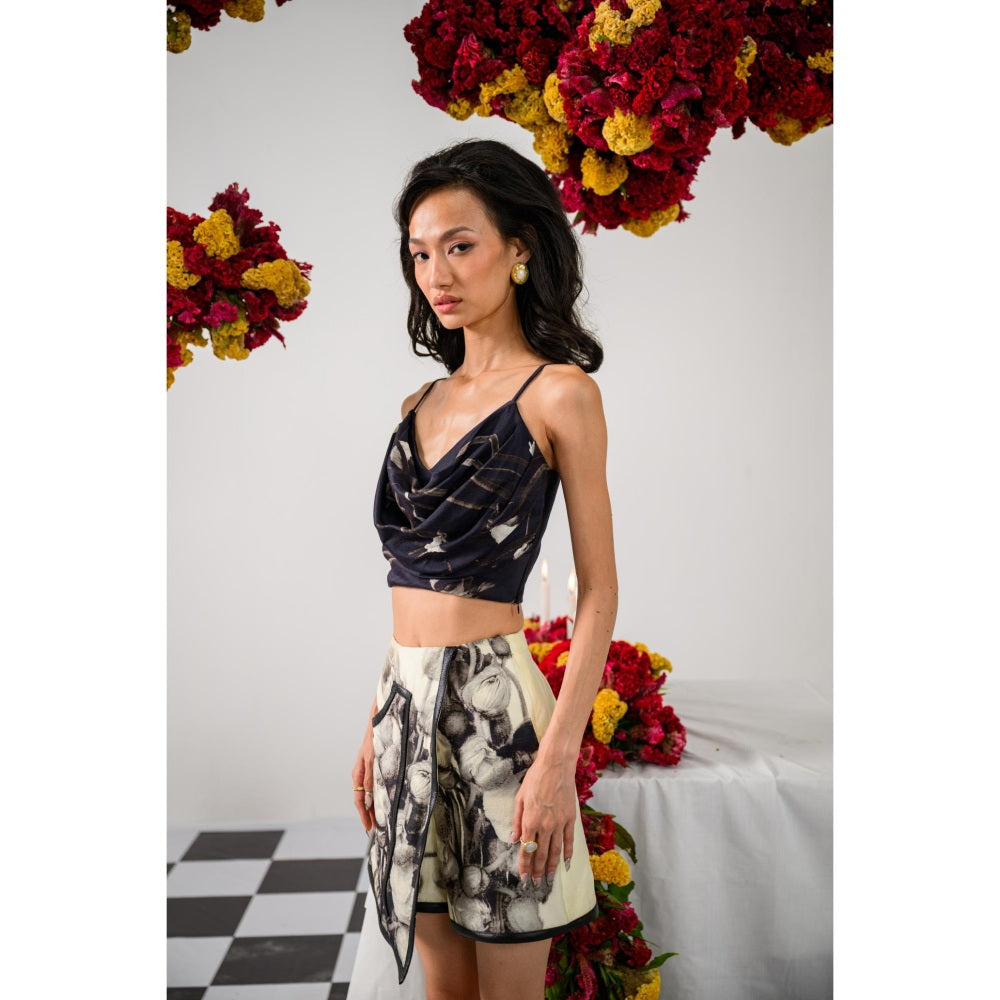The Dramebaaz Company Noir & Black Cowl Printed Crop Top