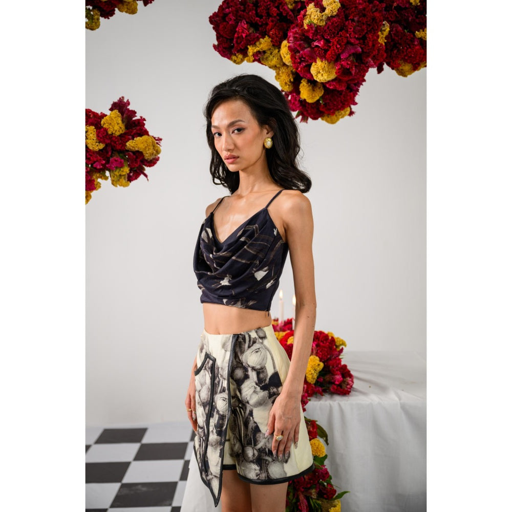 The Dramebaaz Company Noir & Black Cowl Printed Crop Top