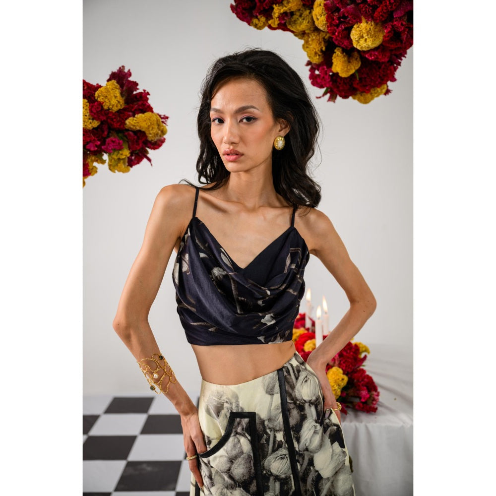 The Dramebaaz Company Noir & Ivory Printed Bustier and Skort (Set of 2)