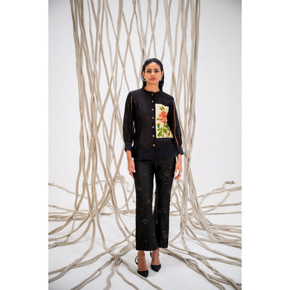 The Dramebaaz Company Black Petal Poetry Embellished Shirt