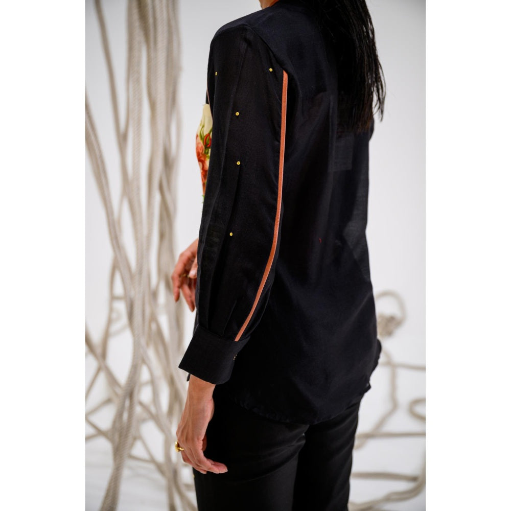 The Dramebaaz Company Black Petal Poetry Embellished Shirt