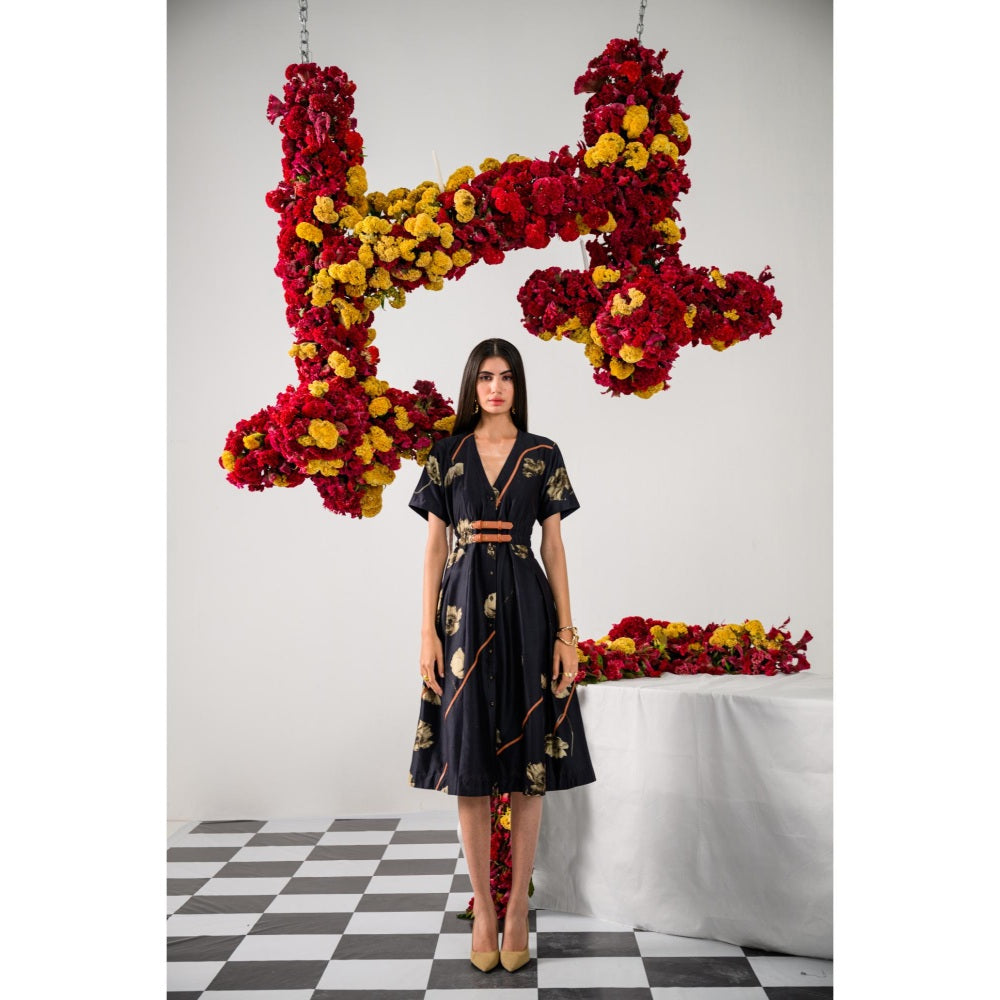 The Dramebaaz Company Black Elina Flare Printed Dress