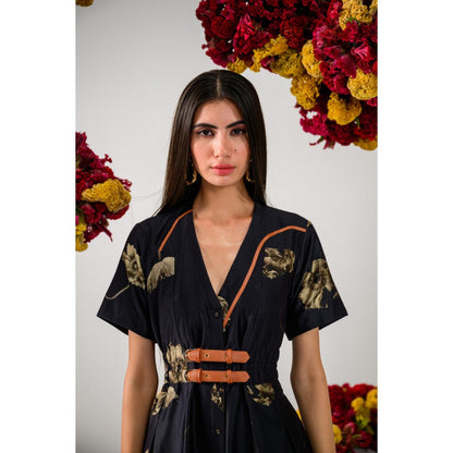 The Dramebaaz Company Black Elina Flare Printed Dress