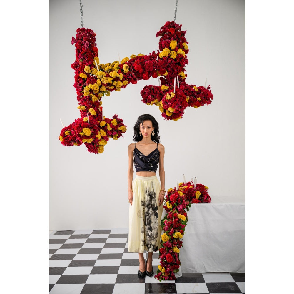 The Dramebaaz Company Noir & Ivory Printed Bustier and Skirt (Set of 2)