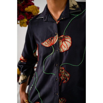 The Dramebaaz Company Black Fleur Embellished Shirt