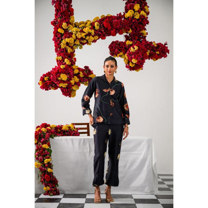 The Dramebaaz Company Black Fleur Embellished Shirt