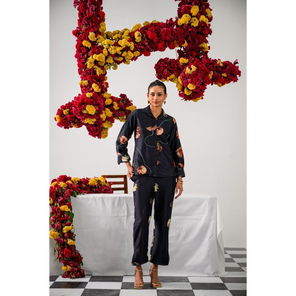 The Dramebaaz Company Black Fleur Printed Shirt and Pant (Set of 2)