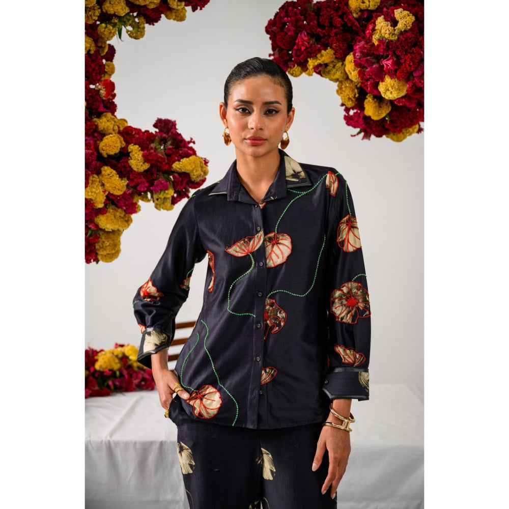 The Dramebaaz Company Black Fleur Printed Shirt and Pant (Set of 2)