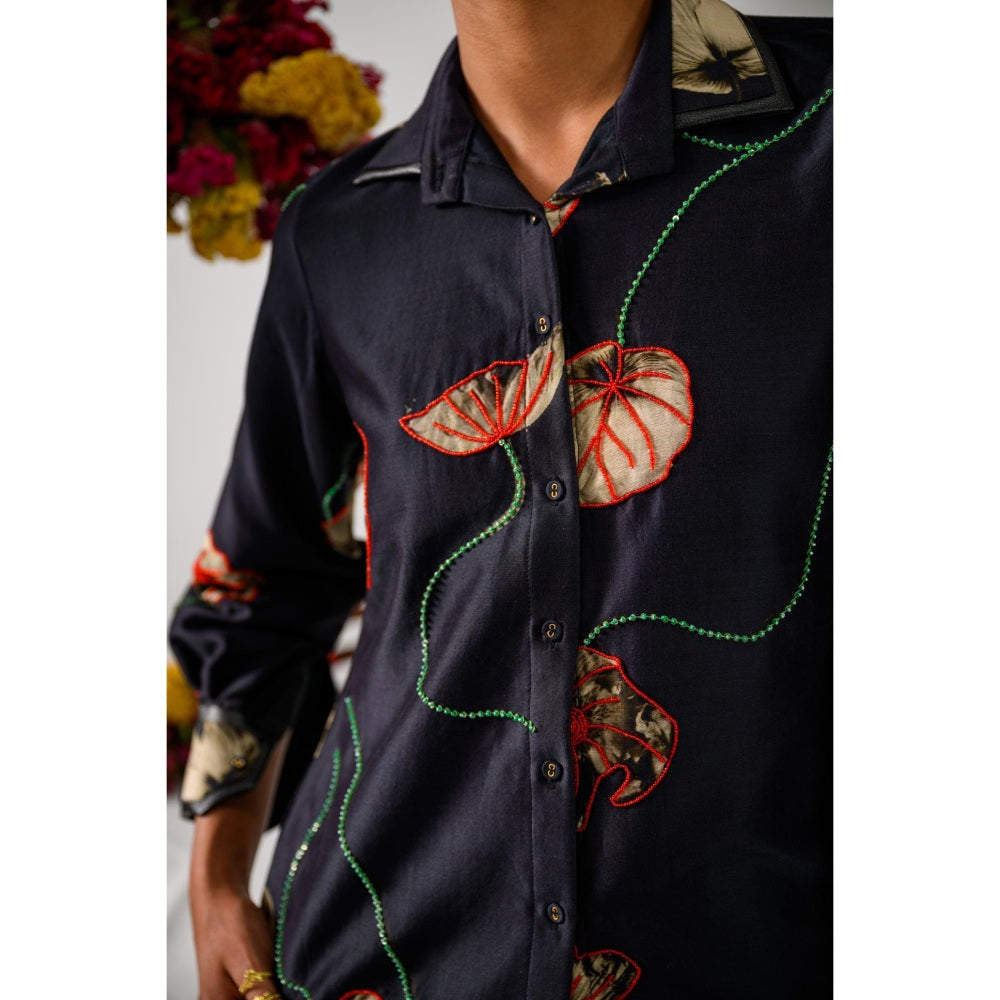 The Dramebaaz Company Black Fleur Printed Shirt and Pant (Set of 2)