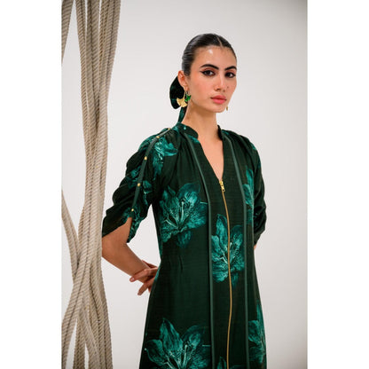 The Dramebaaz Company Green Frost leaf Zipper Closure Midi Dress