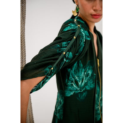 The Dramebaaz Company Green Frost leaf Zipper Closure Midi Dress