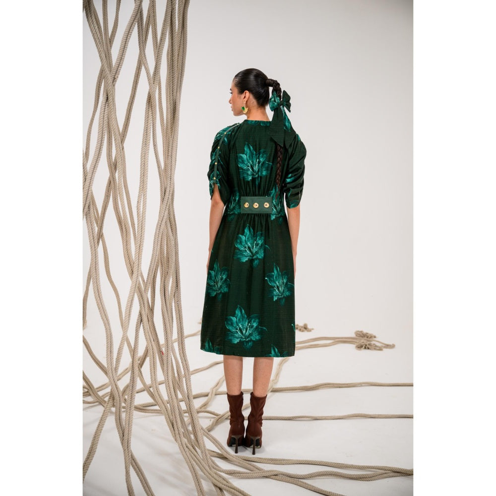 The Dramebaaz Company Green Frost leaf Zipper Closure Midi Dress