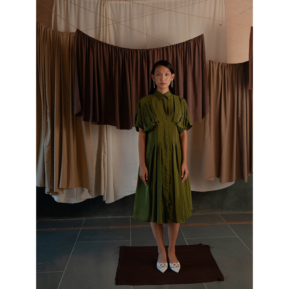 The Burnt Toast Olive Pleated Shirt Dress