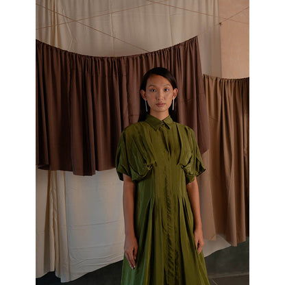 The Burnt Toast Olive Pleated Shirt Dress