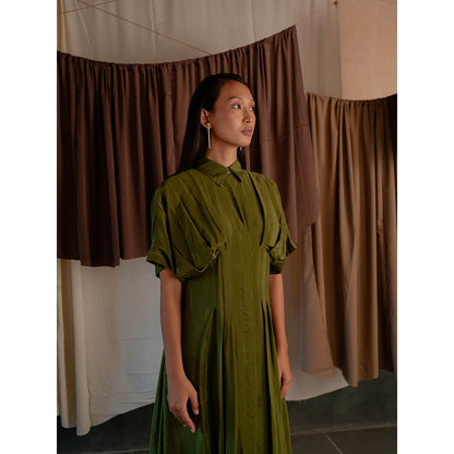 The Burnt Toast Olive Pleated Shirt Dress