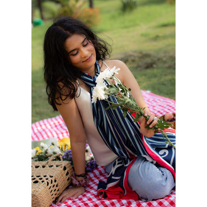 Thee Modern Roots Women Sleek Lines Silk Stole Navy Blue