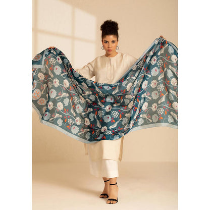 Thee Modern Roots Teal Parrot Paradise Silk Dupatta