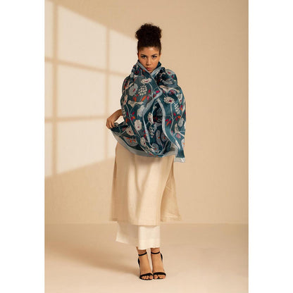 Thee Modern Roots Teal Parrot Paradise Silk Dupatta