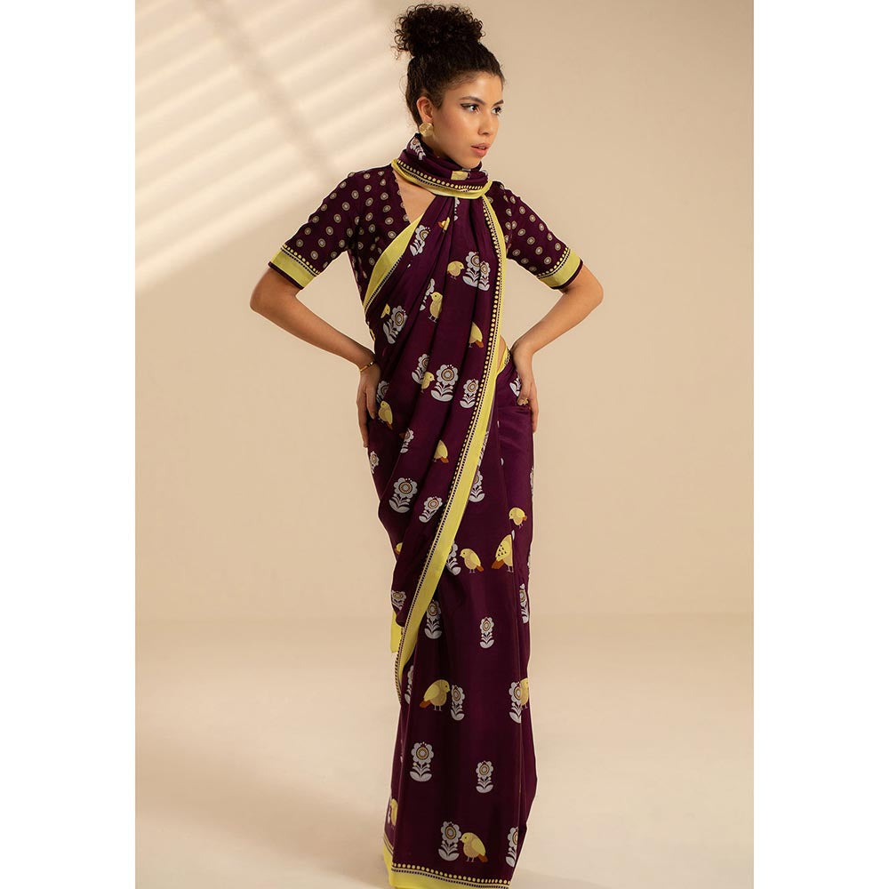Thee Modern Roots Fluttering Beauty Printed Crepe Saree with Unstitched Blouse