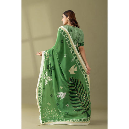 Thee Modern Roots Basil Green Printed and Embroidered Crepe Designer Saree with Unstitched Blouse