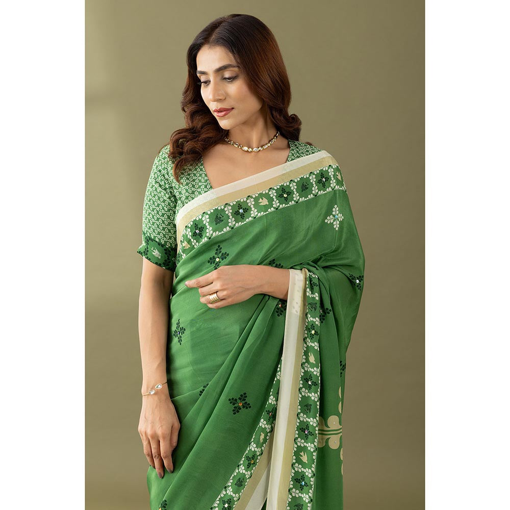 Thee Modern Roots Basil Green Printed and Embroidered Crepe Designer Saree with Unstitched Blouse