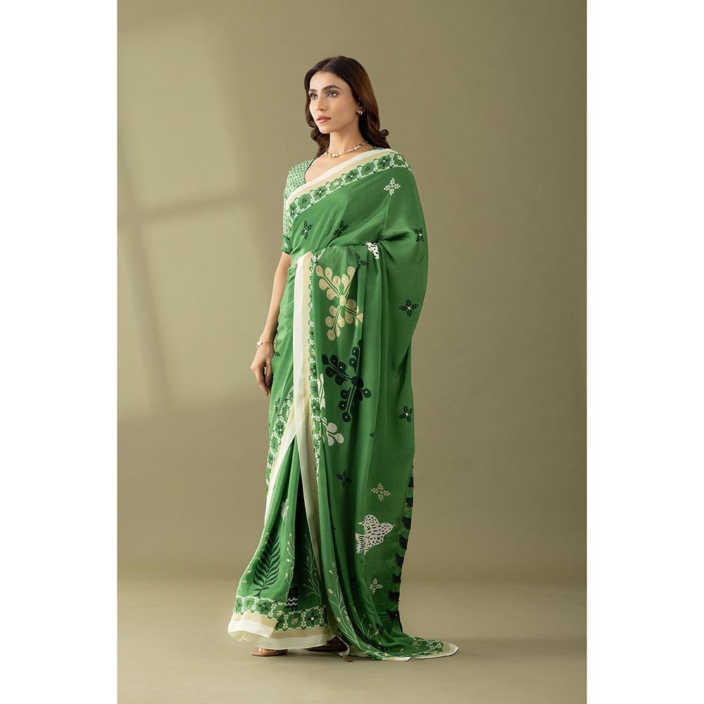 Thee Modern Roots Basil Green Printed and Embroidered Crepe Designer Saree with Unstitched Blouse