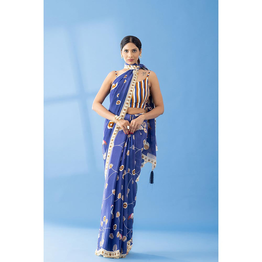 Thee Modern Roots Berry Blue Classic Charm Printed Crepe Saree with Unstitched Blouse