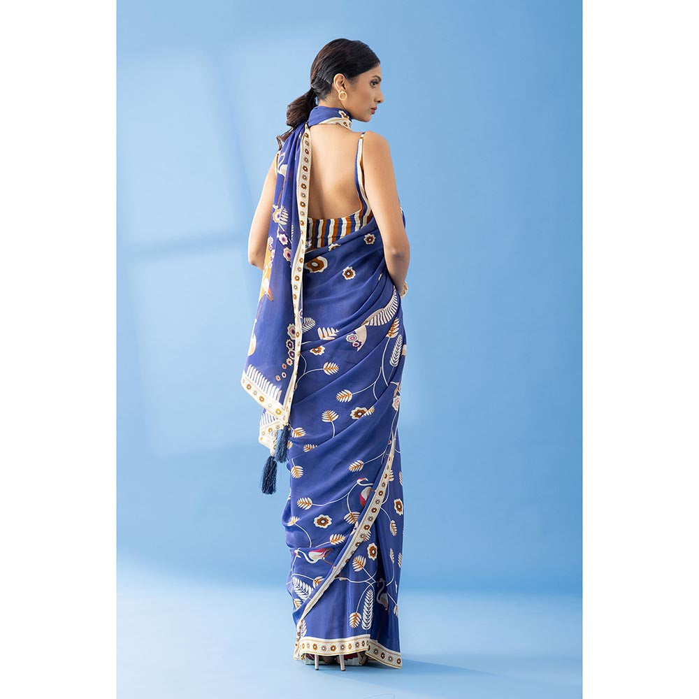 Thee Modern Roots Berry Blue Classic Charm Printed Crepe Saree with Unstitched Blouse