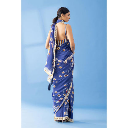 Thee Modern Roots Berry Blue Classic Charm Printed Crepe Saree with Unstitched Blouse