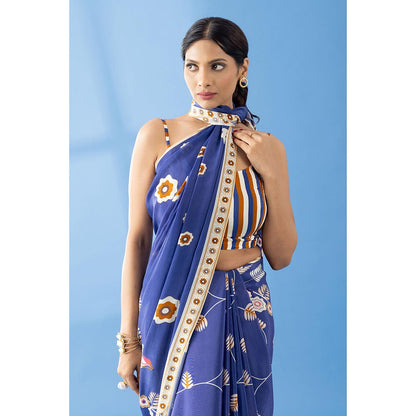 Thee Modern Roots Berry Blue Classic Charm Printed Crepe Saree with Unstitched Blouse