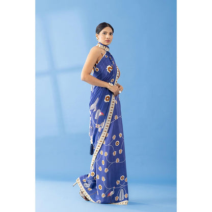 Thee Modern Roots Berry Blue Classic Charm Printed Crepe Saree with Unstitched Blouse