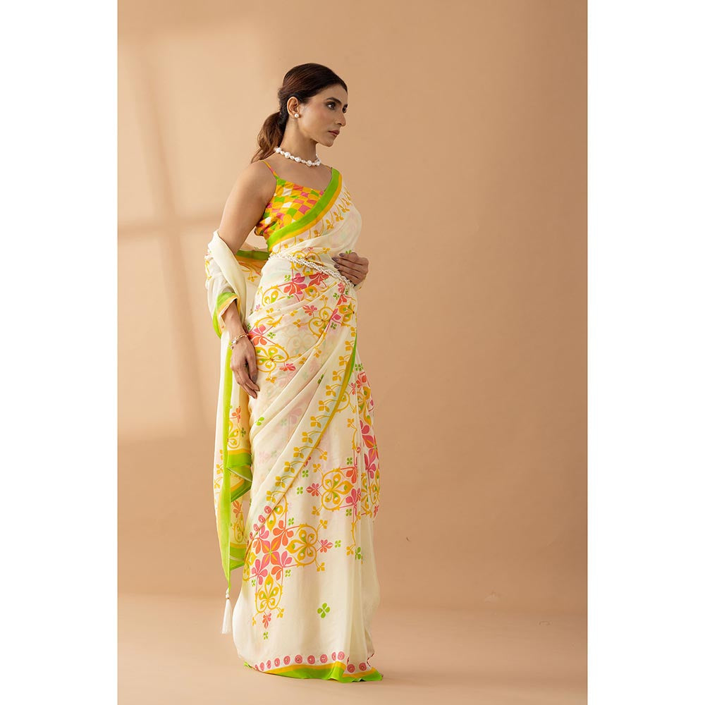Thee Modern Roots Cream Floral Printed and Embroidered Crepe Designer Saree with Unstitched Blouse
