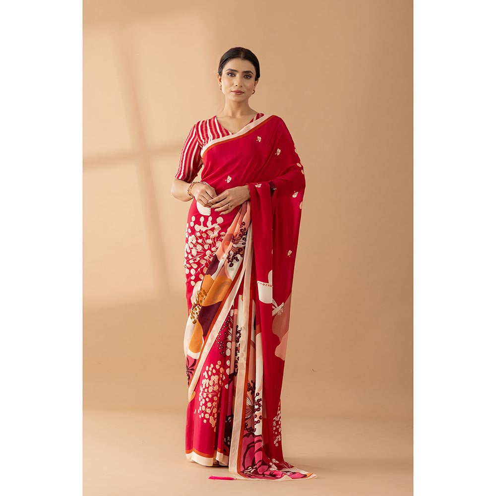 Thee Modern Roots Red Floral Printed and Embroidered Crepe Party Wear Saree with Unstitched Blouse