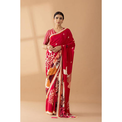 Thee Modern Roots Red Floral Printed and Embroidered Crepe Party Wear Saree with Unstitched Blouse