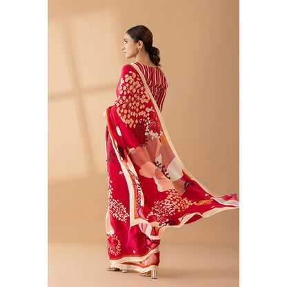 Thee Modern Roots Red Floral Printed and Embroidered Crepe Party Wear Saree with Unstitched Blouse