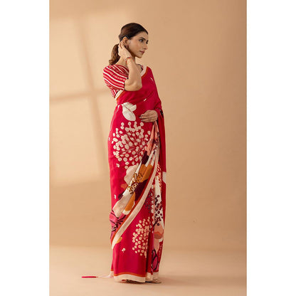 Thee Modern Roots Red Floral Printed and Embroidered Crepe Party Wear Saree with Unstitched Blouse