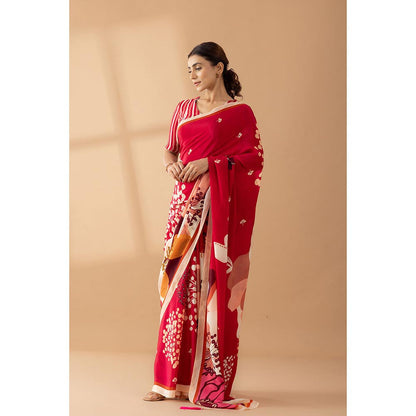 Thee Modern Roots Red Floral Printed and Embroidered Crepe Party Wear Saree with Unstitched Blouse