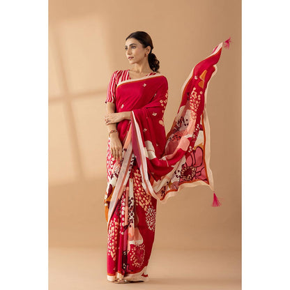Thee Modern Roots Red Floral Printed and Embroidered Crepe Party Wear Saree with Unstitched Blouse
