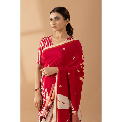 Thee Modern Roots Red Floral Printed and Embroidered Crepe Party Wear Saree with Unstitched Blouse