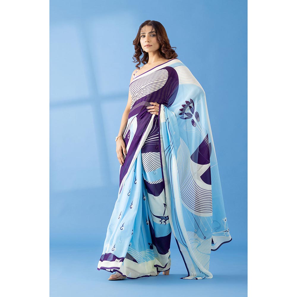 Thee Modern Roots Deep Purple Abstract Printed Georgette Saree with Unstitched Blouse