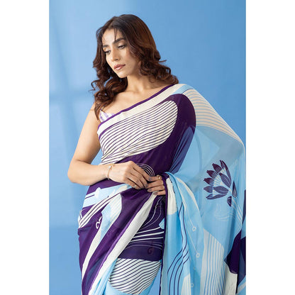 Thee Modern Roots Deep Purple Abstract Printed Georgette Saree with Unstitched Blouse