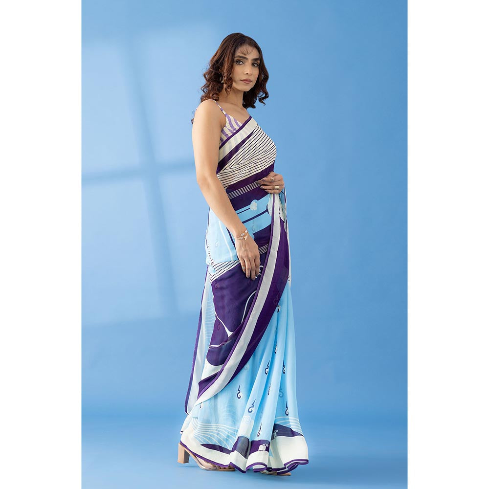 Thee Modern Roots Deep Purple Abstract Printed Georgette Saree with Unstitched Blouse