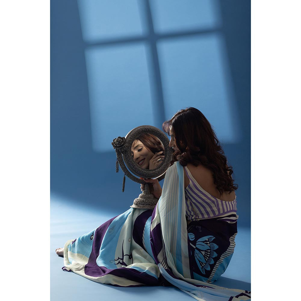 Thee Modern Roots Deep Purple Abstract Printed Georgette Saree with Unstitched Blouse