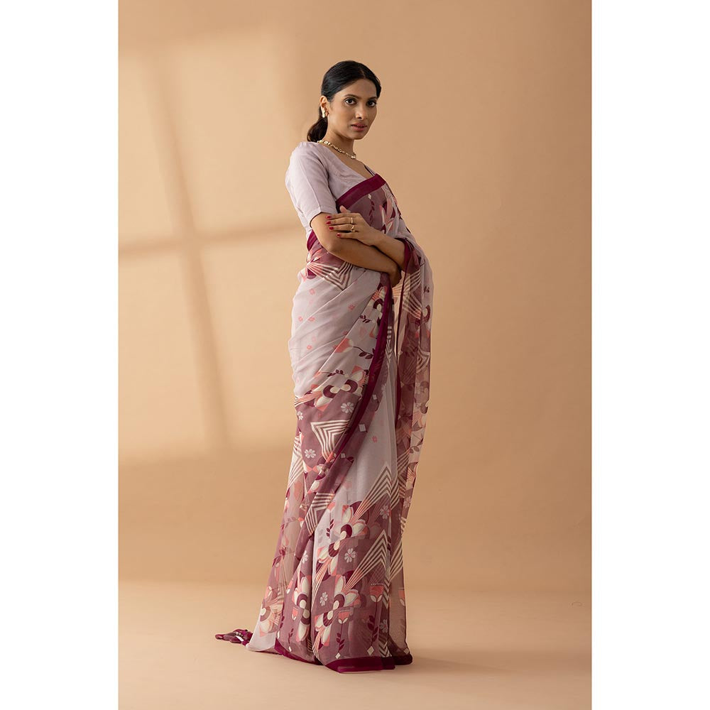 Thee Modern Roots Desert Mirage Mauve Printed Chiffon Saree with Unstitched Blouse