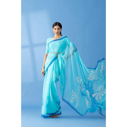 Thee Modern Roots Light Blue Printed and Embellished Chiffon Saree with Unstitched Blouse
