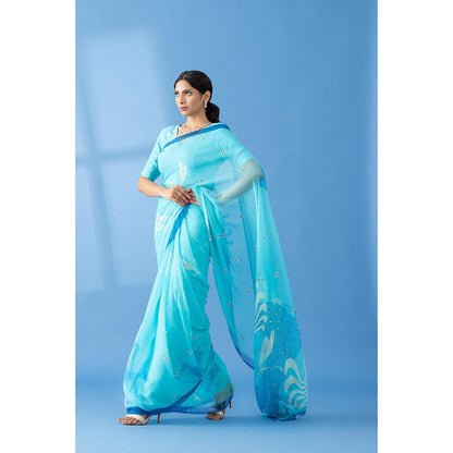 Thee Modern Roots Light Blue Printed and Embellished Chiffon Saree with Unstitched Blouse