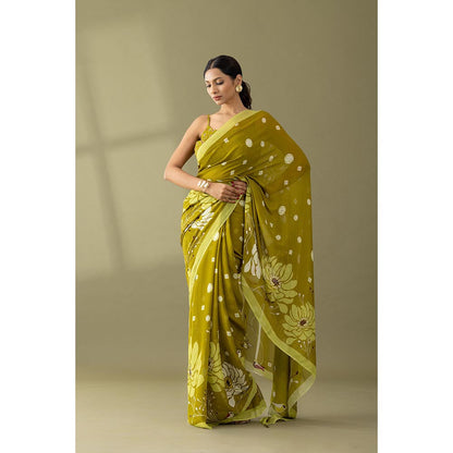 Thee Modern Roots Light Olive Printed and Embellished Georgette Saree with Unstitched Blouse